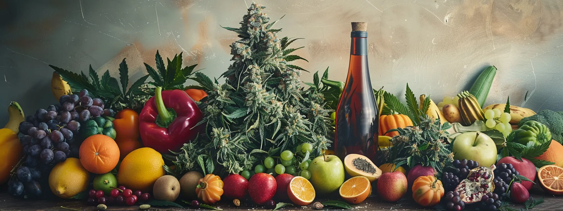 a colorful cannabis plant rich in thcv compounds, surrounded by a variety of fruits and vegetables symbolizing its potential health benefits.