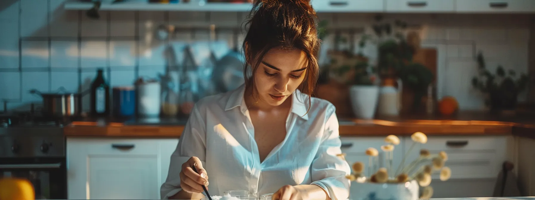 a serene woman sitting at a sleek kitchen table, carefully measuring out a precise dosage of thcv oil with a focused expression.