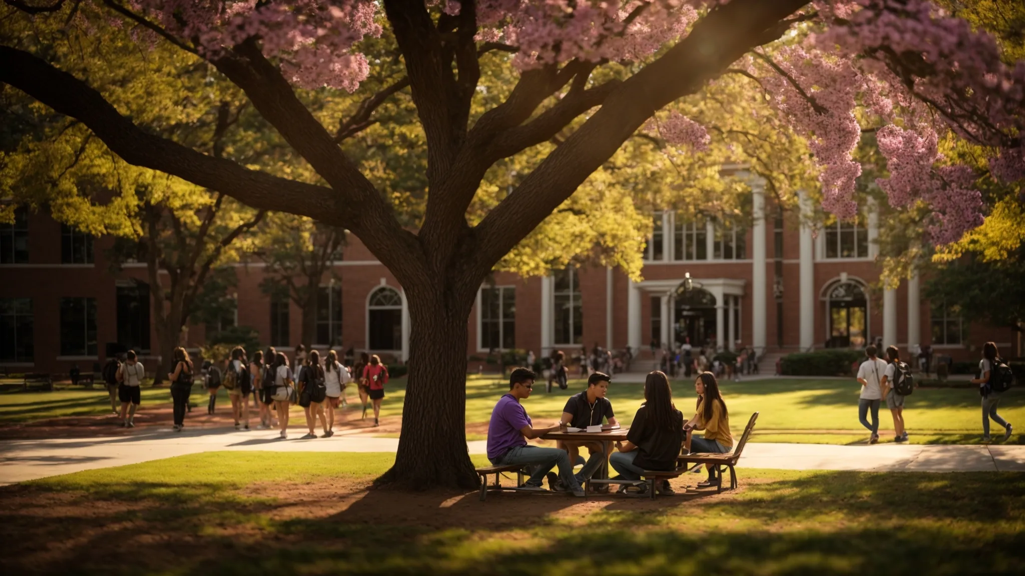 a vibrant campus scene at east carolina university captures students engaging in collaborative study sessions under blooming trees, with a warm golden sunlight filtering through the leaves, symbolizing the balance of academics and community connection.