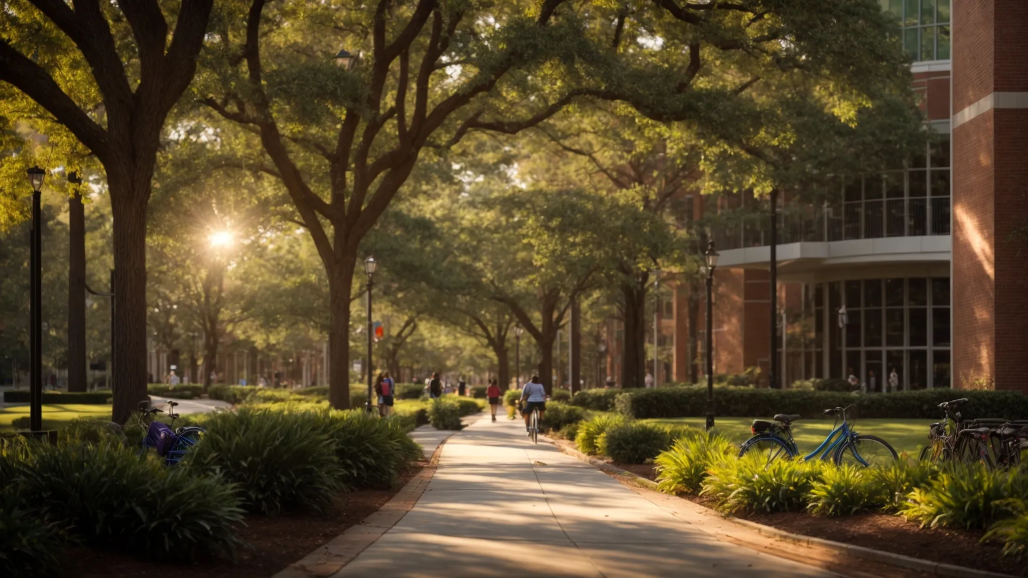 a vibrant campus scene at east carolina university showcases students confidently navigating bike paths and walking routes under dappled sunlight, surrounded by modern transportation options and lush greenery that embody the spirit of accessibility and active living.