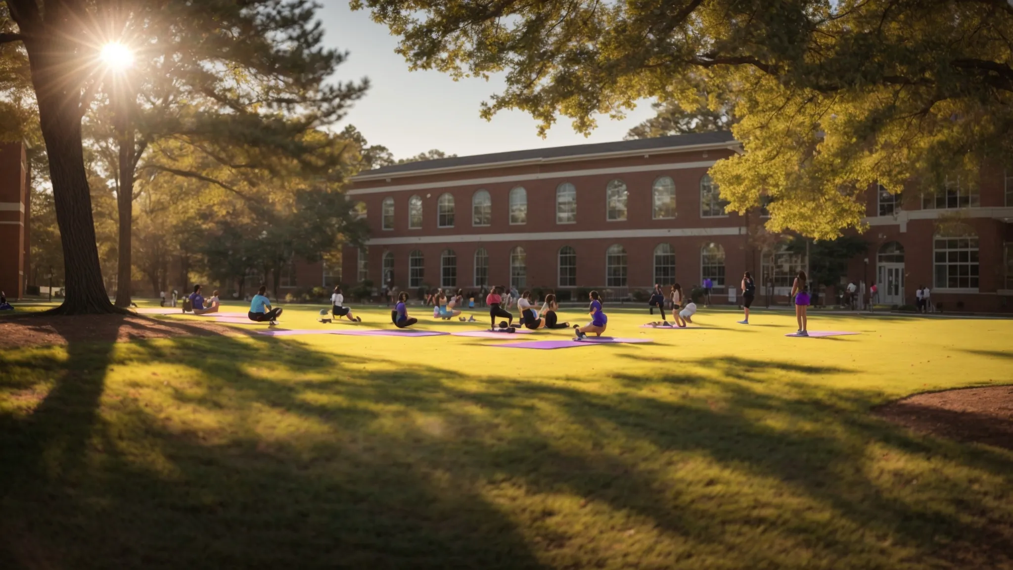 a vibrant campus scene at east carolina university captures students engaging in wellness activities, showcasing diverse fitness programs and mental health resources in a sunlit, inviting environment that promotes holistic well-being.