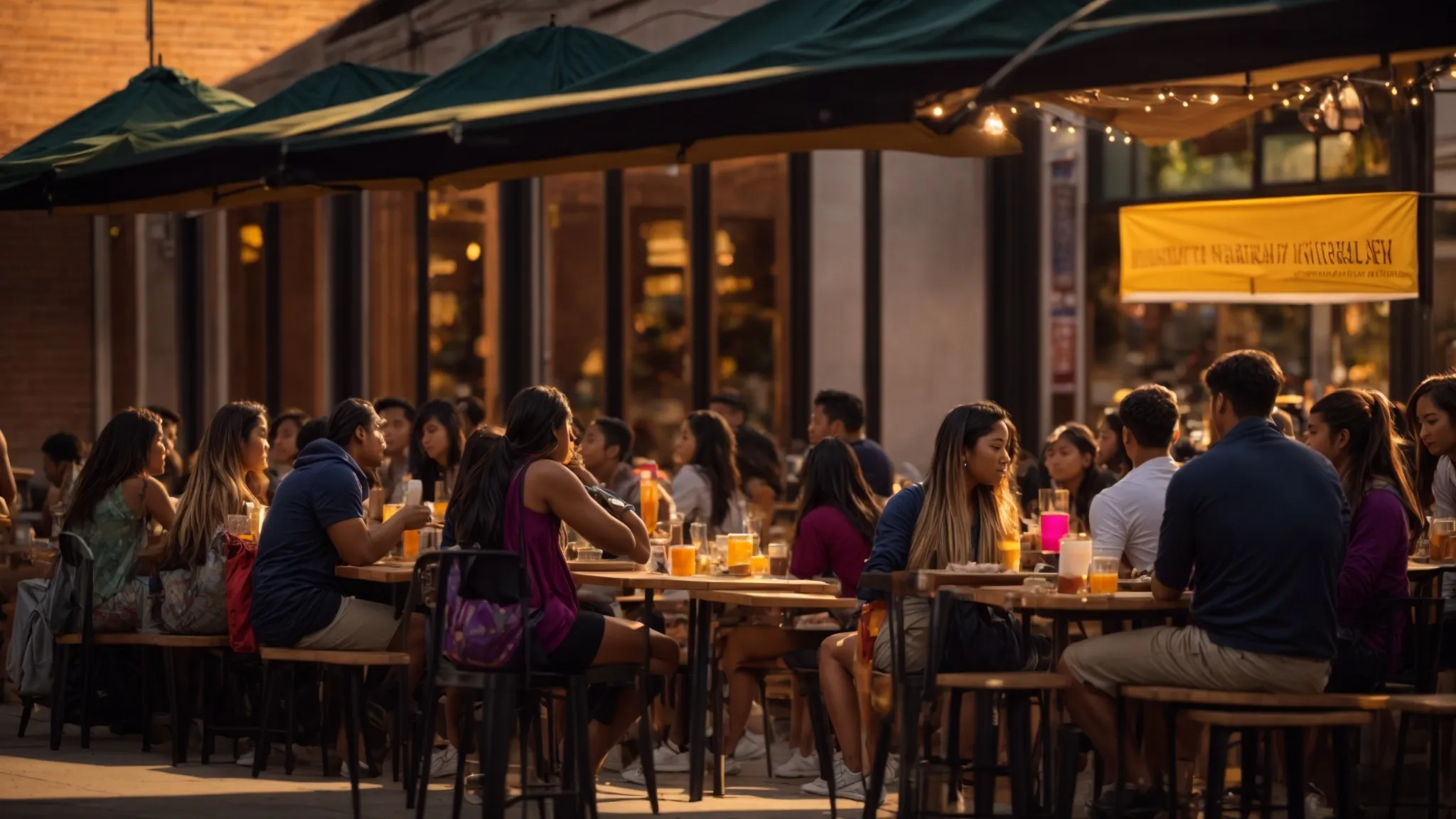 a vibrant outdoor dining scene bustling with east carolina university students enjoying a variety of delicious meals from diverse food stalls, bathed in warm sunset light.